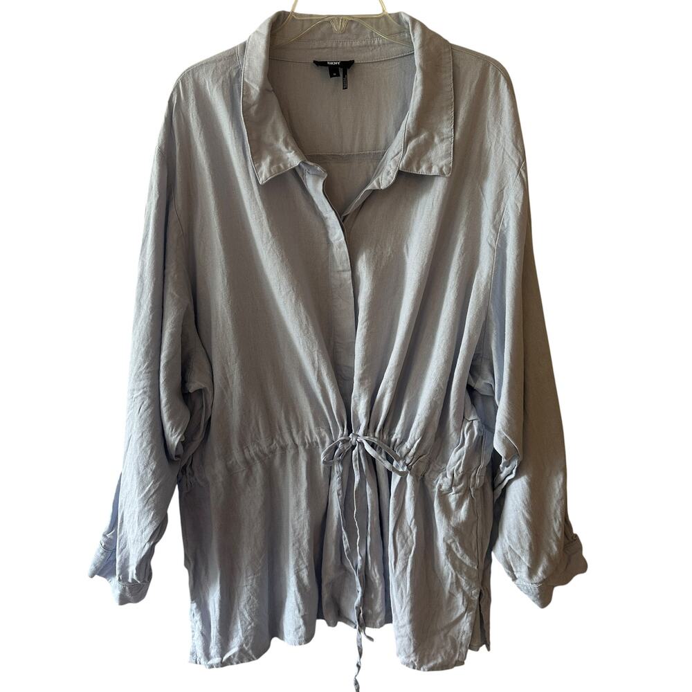 DKNY Linen Tie Waist Tunic Womens Size 3X Light Blue Long Sleeve Cinch Top Shirt